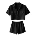 thumbnail image 2 of Summer Clothes Set for Women with Pockets Linen 2 Piece Outfits Short Sleeve Button Up Shirt and Shorts (XL, Black), 2 of 8