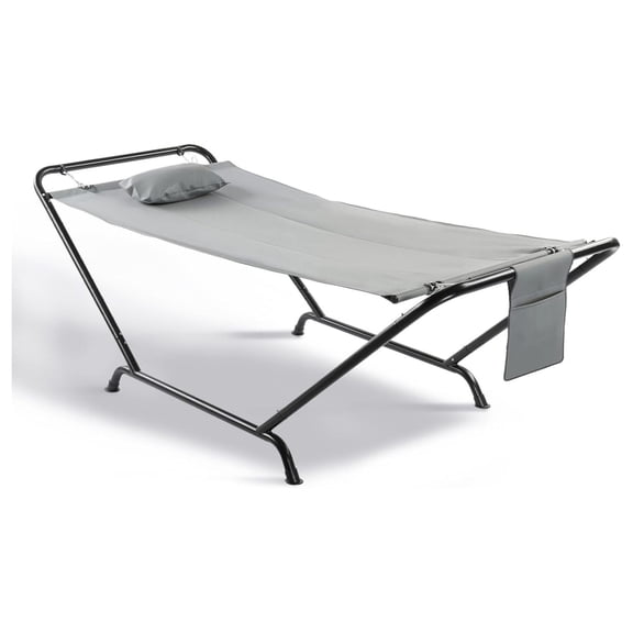 Freestanding Hammock with Stand, 600 LBS Heavy Duty Outdoor Hammock with Pillow, 4 Point Patio Daybed for Yard, Garden, Camp (Grey)