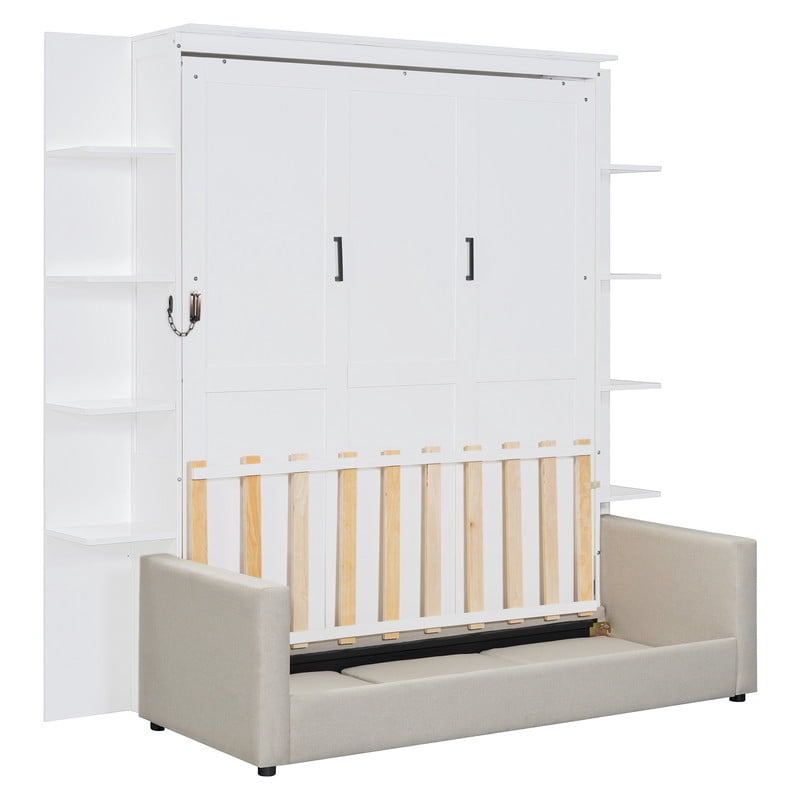 Queen Size Murphy Bed with Sofa, Wooden Wall Bed with Storage Shelves, Folding Platform Bed with Built-in LED Spotlights