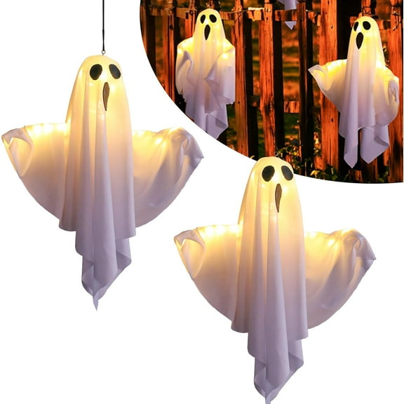Halloween Decorations, 2 Pack 20 inches Outdoor Decor Hanging Lighted Glowing Ghost, Outdoor Indoor Wind Sock Ornaments for Yard Tree Garden Halloween Party Favors