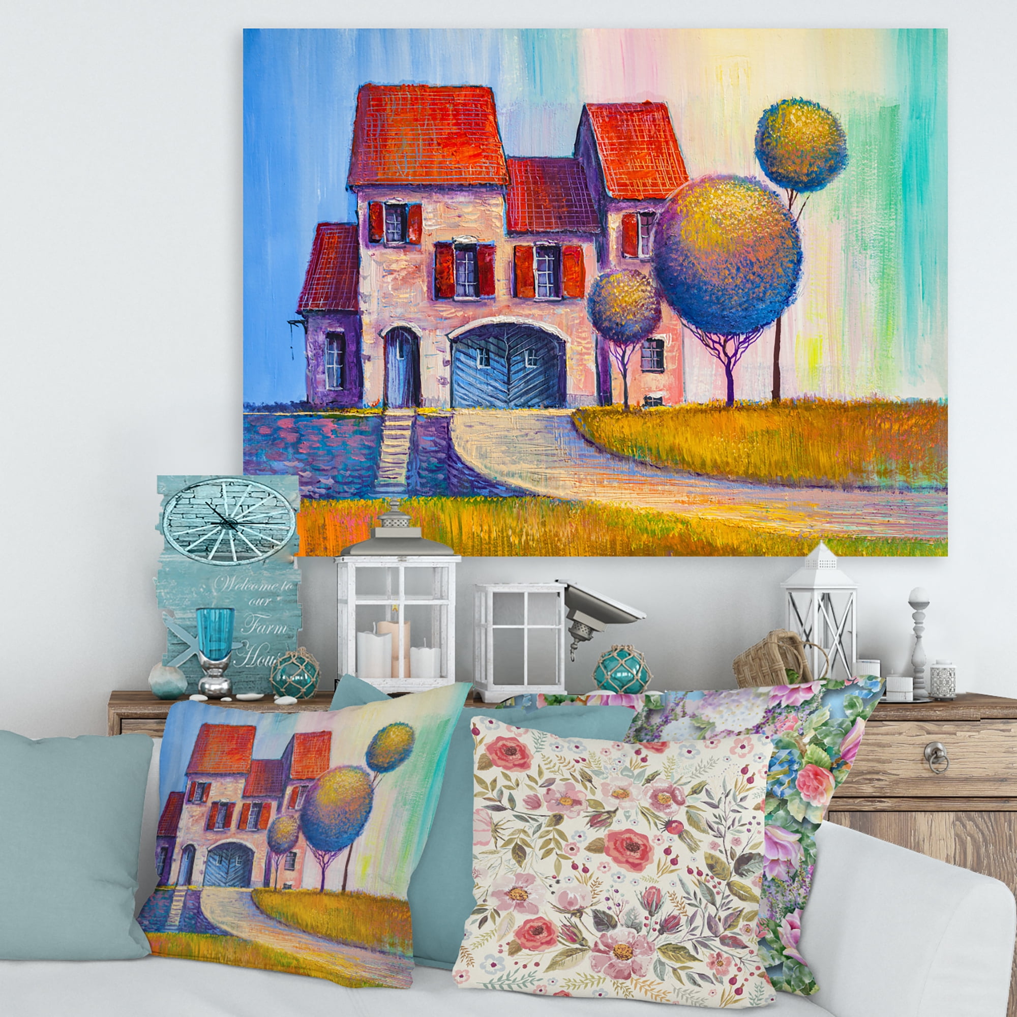 A Red Roof House With In The Village 12 in x 8 in Painting Canvas Art Print, by Designart