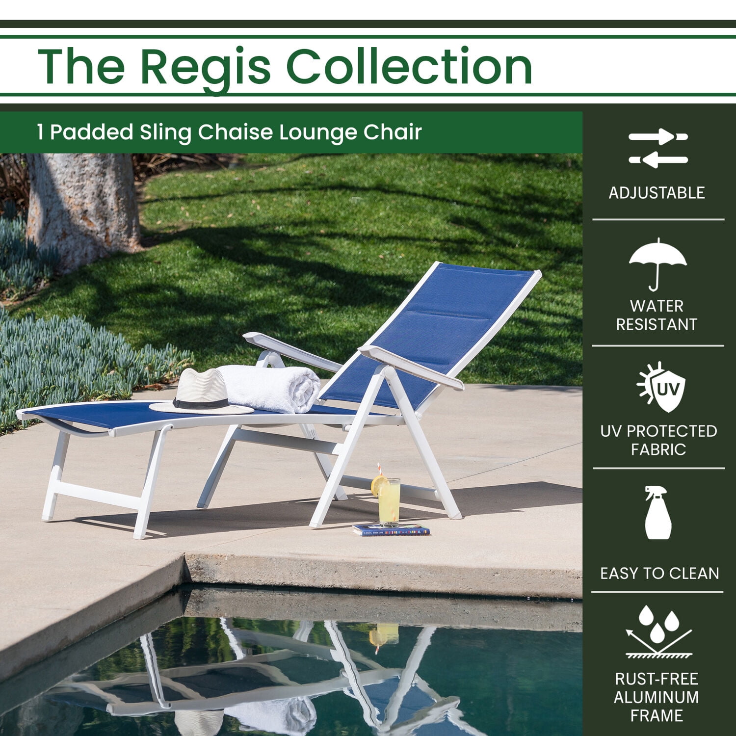 Hanover Regis Padded Sling Chaise in White with Navy Blue Sling