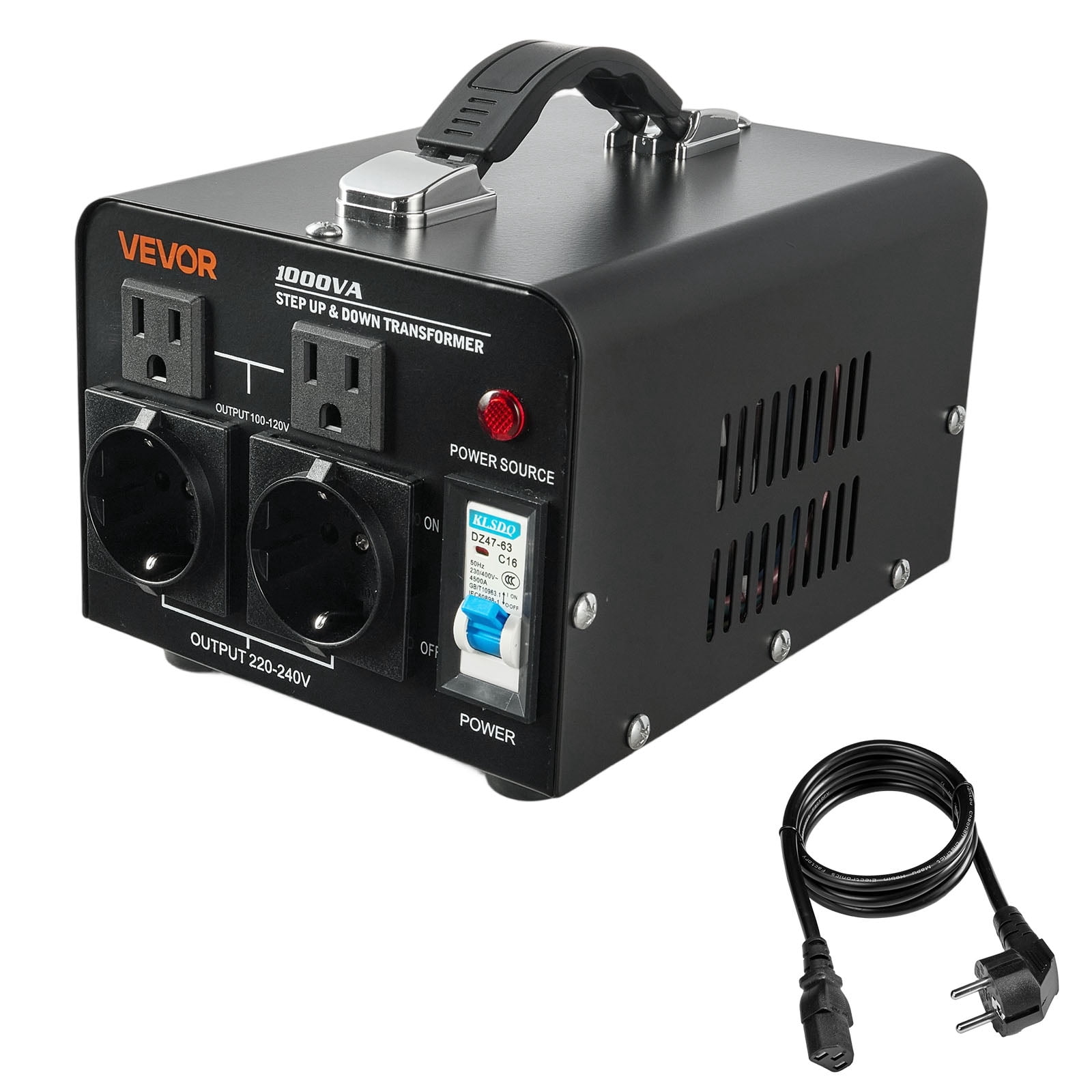VEVOR Voltage Converter Transformer, 1000W, Heavy Duty Step Up/Down Power Transformer, Convert from 110V to 220V and 220V to 110V, with US Outlets, EU Outlets,Power Cord,Circuit Breaker Protection