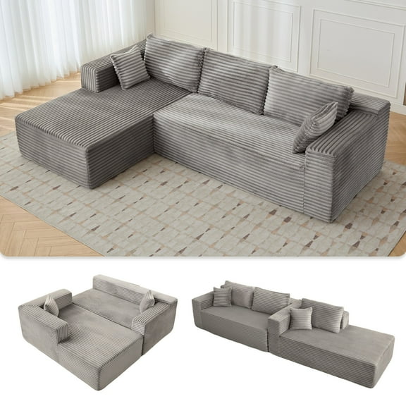 L-Shape Sectional Sofa Couch with Comfy Chaise,Modular Compression Sectional Couch with Deep Seat,Corduroy Sleeper Sofa Couches for Living Room Bedroom Apartment,Grey