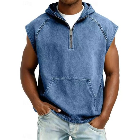 Frnrwgo Mens Sleeveless Hooded Denim Shirts Quarter Zip Solid Color Washed Casual Top for Daily Holiday Wear
