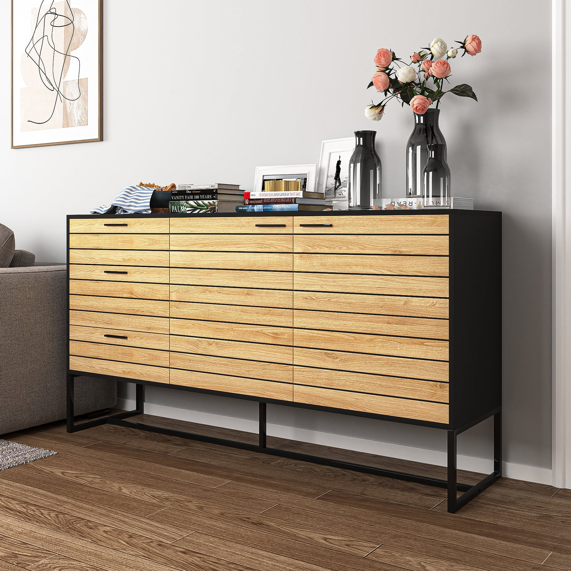 Kadyn Entryway Storage Cabinet, Floor Storage Cabinet for Kitchen Living Room, Storage Sideboard Buffet Cabinet with Drawers, Door and Adjustable Shelf, Brown + Black Kadyn Entryway Storage Cabinet, Floor Storage Cabinet for Kitchen Living Room, Storage Sideboard Buffet Cabinet with Drawers, Door and Adjustable Shelf, Brown + Black