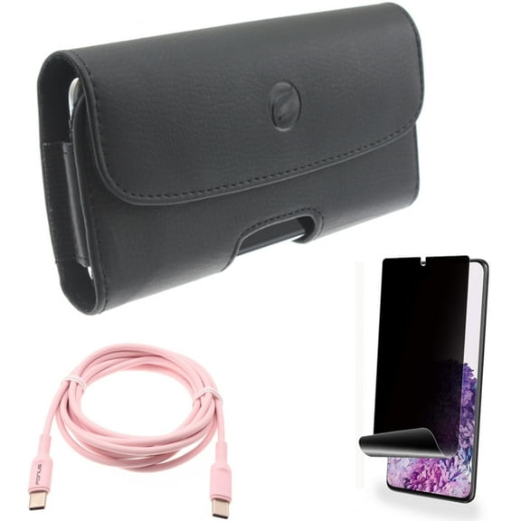 Pink 6ft Long Cable w Case Belt Clip w Privacy Screen Protector for Samsung Galaxy S20 Plus - USB-C to Type-C PD Fast Charger Cord, Leather Holster Cover, TPU Film [NOT GLASS] fits Galaxy S20 Plus