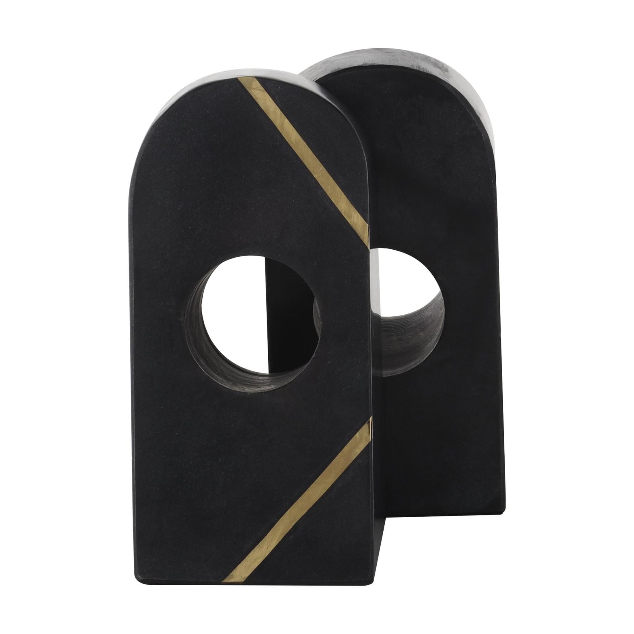 DecMode 3" Curved Pyramid Geometric Black Marble Bookends with Diagonal Gold Stripes (Set of 2)