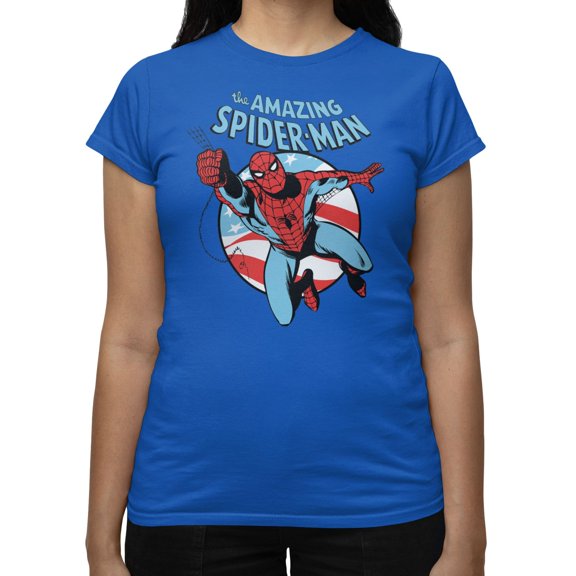 Marvel Comics Retro Women's Spider-Man Swinging Flag Circle T Shirt (Royal, S-XXXL)