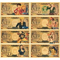 8 One Piece Anime-Inspired Plastic Gold Foil Collectible Banknote Bookmarks - Cartoon Character Limited Edition for Otaku, Book Lovers & Premium Collections