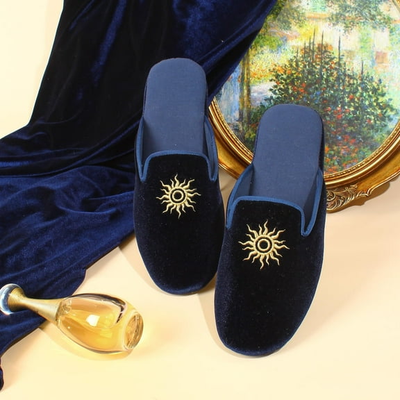LMOY Handmade Velvet Slippers Women's Slippers House Lightweight Non-Slip Elegant House Slippers Blue