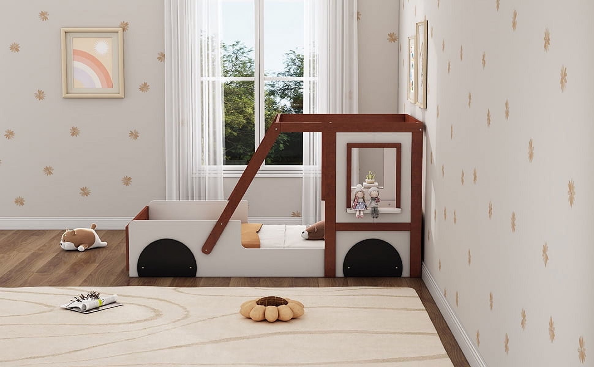 Twin Size Fun Play Car Bed in White+Orange, Solid Wood and MDF Frame, Kids Platform Bed for Boys, Girls and Teens