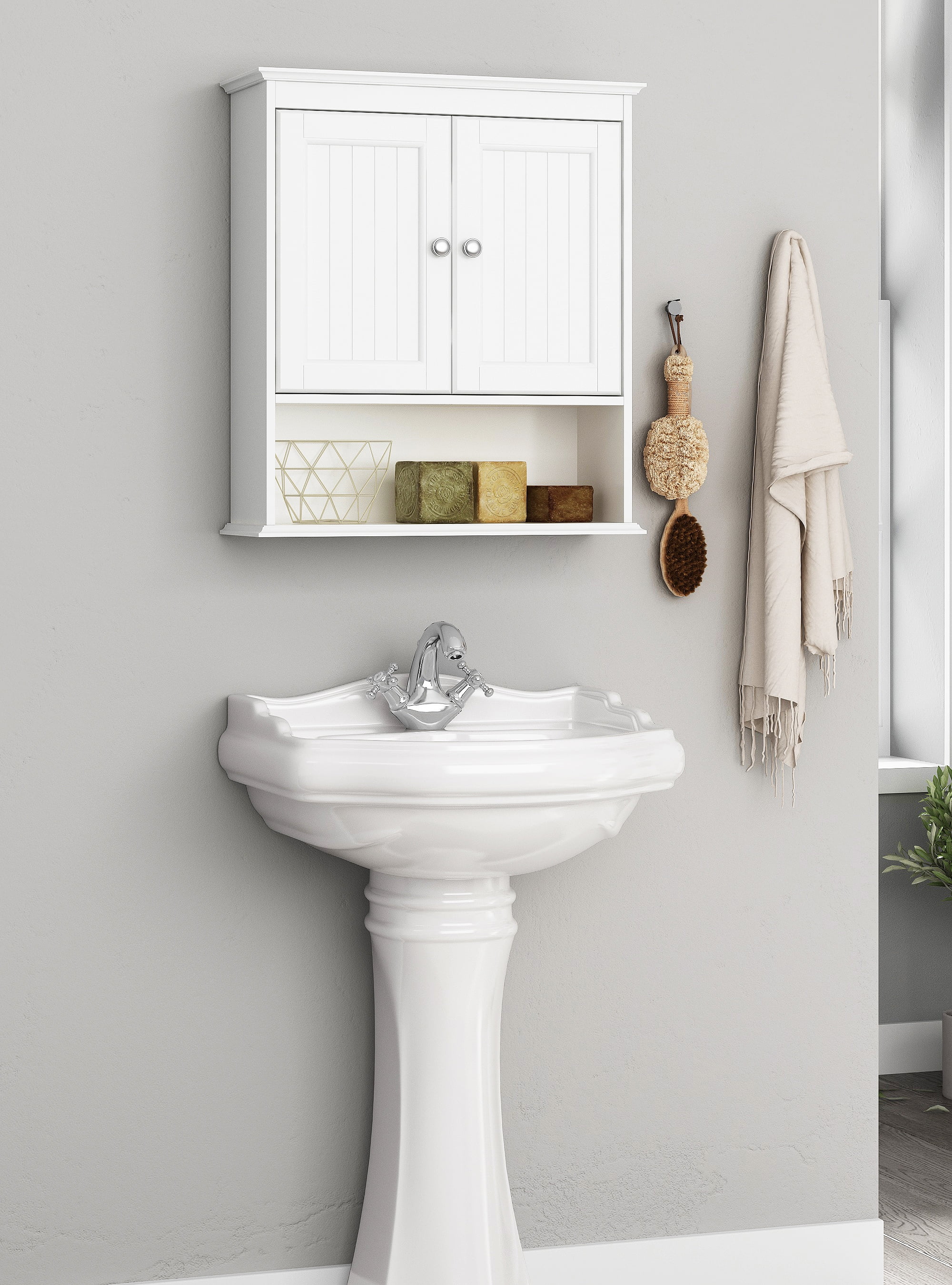 Spirich LLC Wall Mounted Bathroom Cabinet, Medicine Storage with Chrome Handles, Wood, White