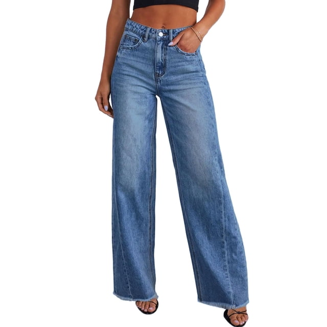 Pantalones PRETTYGARDEN de Pierna Ancha, Tiro Alto, Elásticos con Bajo Deshilachado