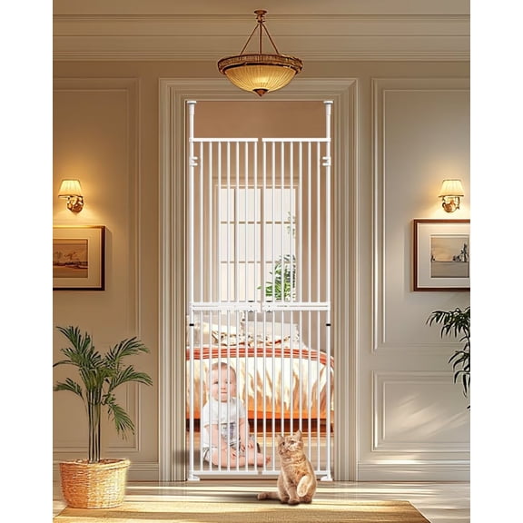 Naizea 75-96 Inch Extra Tall Cat Pet Gate, Adjustable 33.4"-35.8" Wide, No Drilling Pressure Mounted, Walk Through Swing Safety Gate for Pets, Double Door for Doorways, Stairs, Kitchen, House