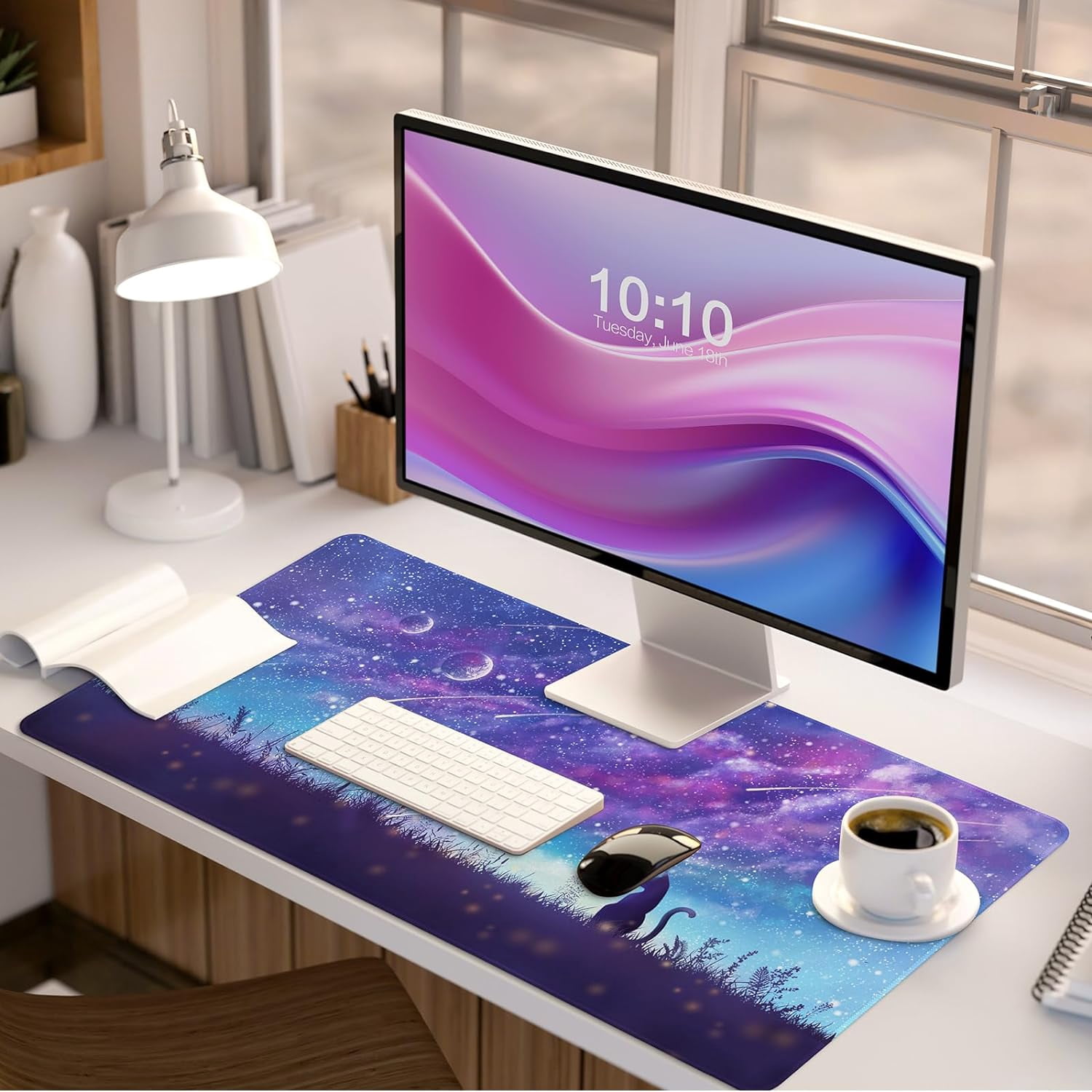 Gaming Mouse Pad, Large Mouse Pad for Desk, Desk Mat Extended Mousepad, Cute Purple DeskPad with Non-Slip Rubber Base, Computer Mats for Desktop Home Office (31.5"x15.7", Cat)