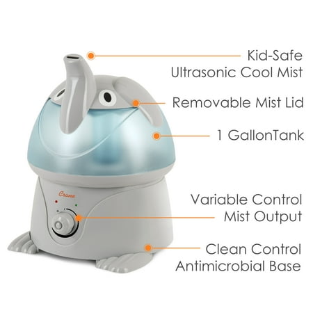 Crane Ultrasonic Elephant Humidifier, 1 Gallon Cool Mist Animal Humidifier for Nursery and Bedroom, Auto Shut-Off, Optional Filter