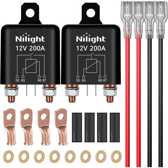 Nilight 2PC 200A Starter Relay 4 Pin Split Relays Switch 12V Continuous SPST High Current 4 Terminal Car Starter Control w/Copper Wire Lugs for Automotive Car Truck Camper