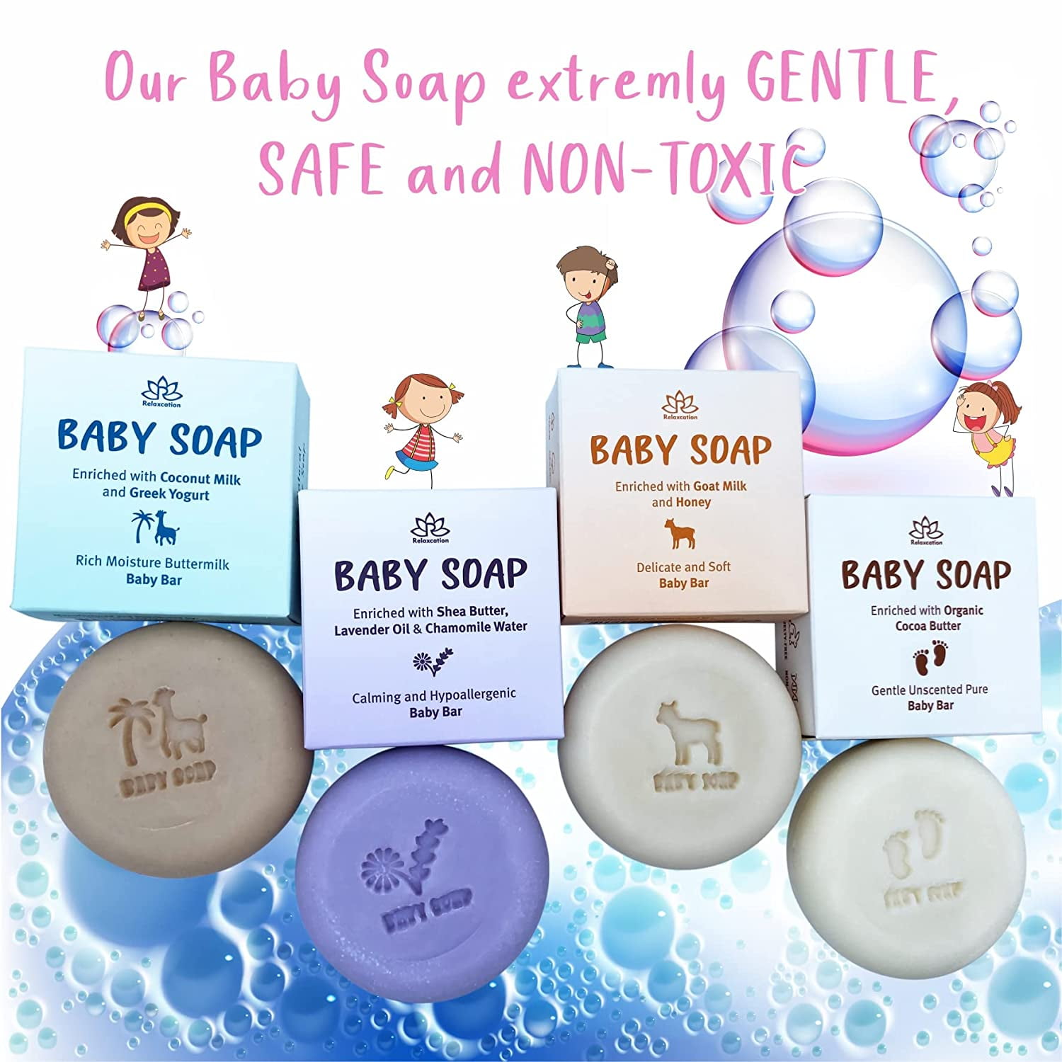 Organic Baby Soap Bars for Kids Baby Toddler Natural Safe for Sensitive Skin Lavender, Goat Milk, Unscented and Greek Yogurt Handmade in USA by Relaxcation 4 Set