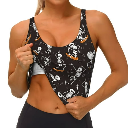 Qokaie Jumping Skull Pattern Womens Scoop Neck Sports Bra Breathable Workout Vest Padded U Back Medium Impact Fitness Gym Yoga Bra Workout Crop Top