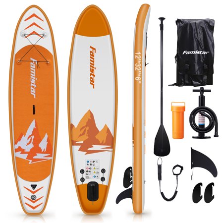 Famistar 12' Inflatable Stand Up Paddle Board SUP w/ 3 Fins, Adjustable Paddle, Pump & Carrying Backpack
