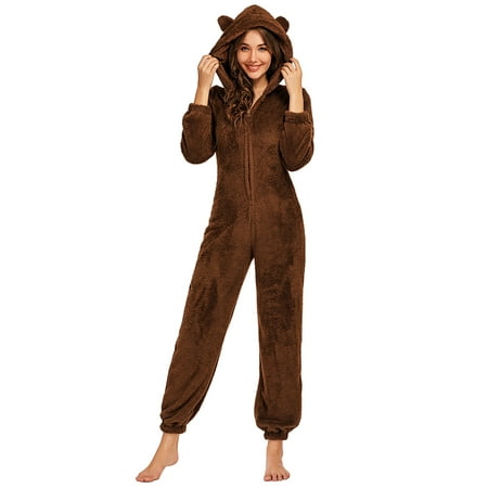 Women Fleece Pajamas Cute Onesie Hooded Zipper Front Fuzzy Warm ...
