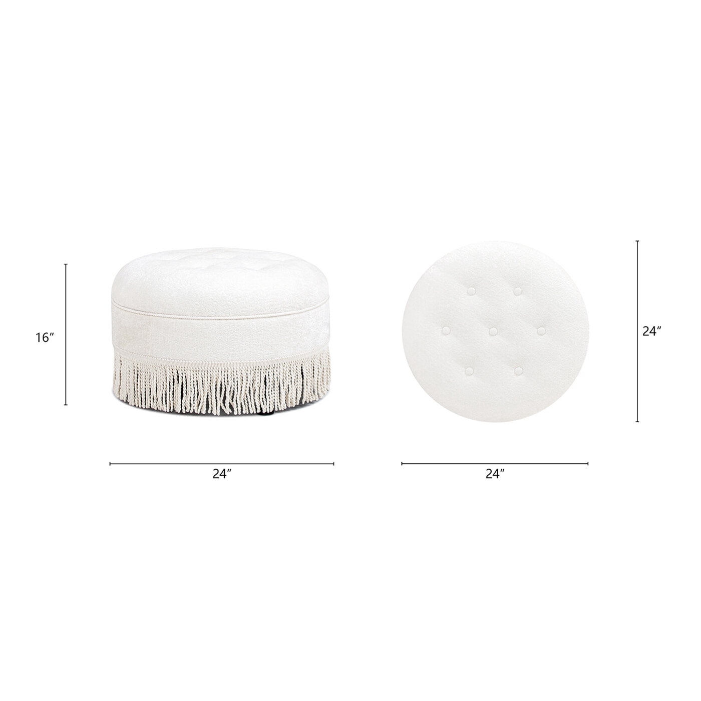 24" Round White Chenille Ottoman with Tassel Fringe, Upholstered Accent Stool for Living Room