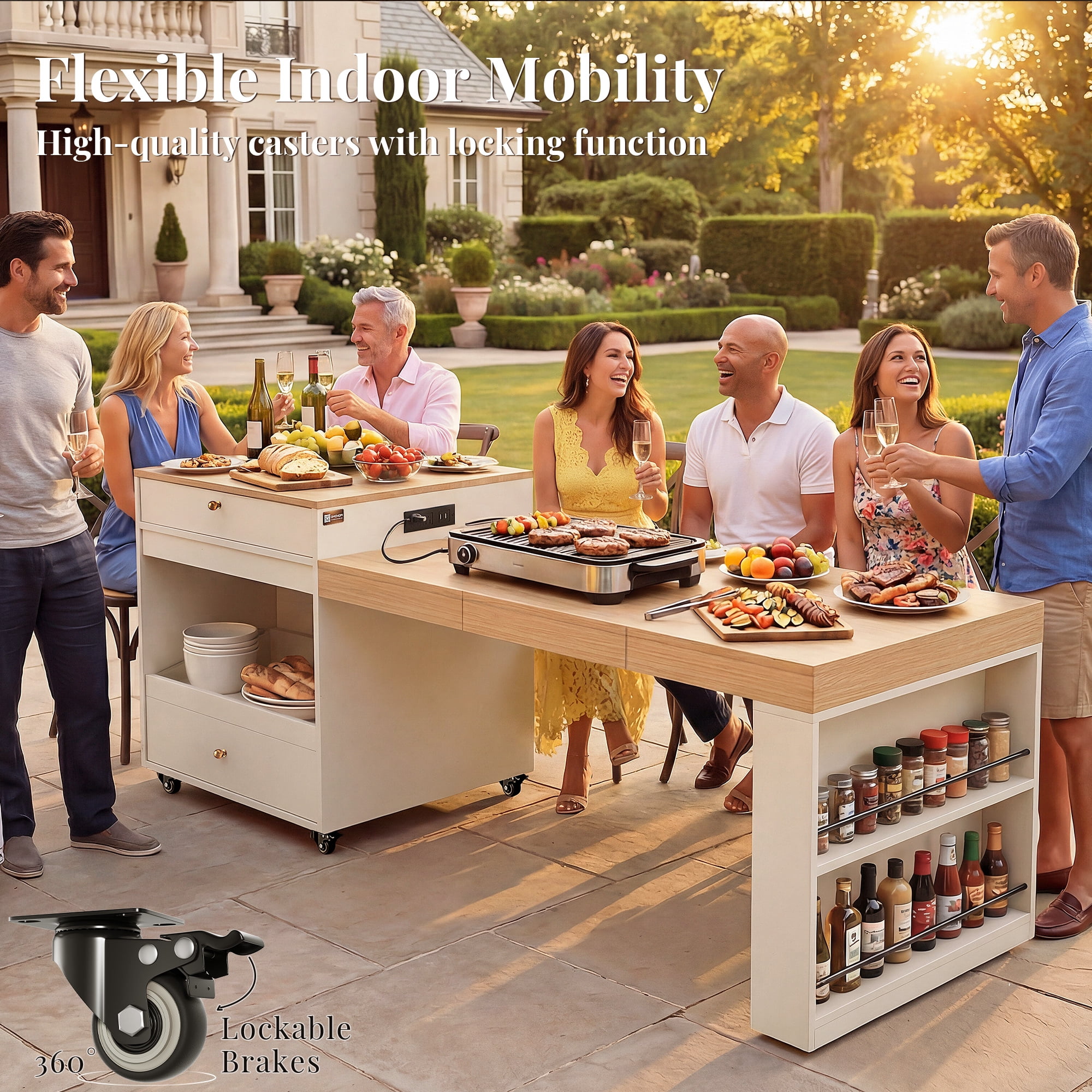OMCHOM 80.7" Large Kitchen Island with Seating and Extendable Dining Table,Rolling Mobile Center Islands with Storage,Charging Station,2 Drawers 2 Side Open Shelves,White