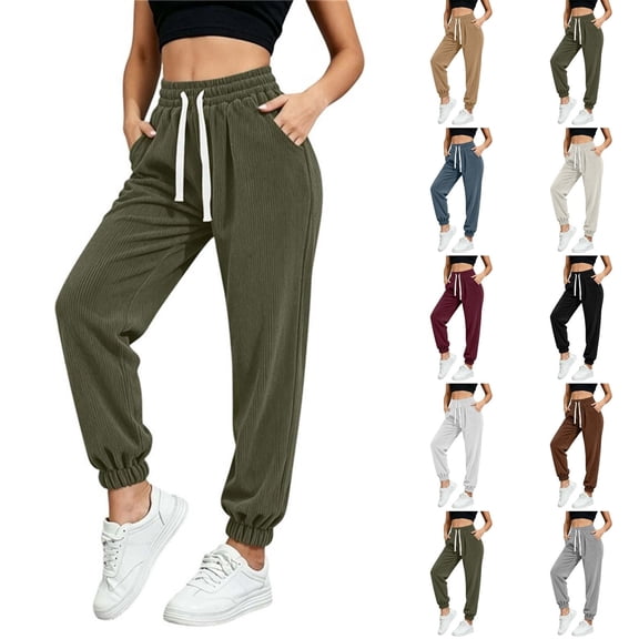 Qingpeng Womens Corduroy Jogger Pants Drawstring Waisted Cuffed Ankle Casual Trousers Trendy Daily Long Pants with Pockets