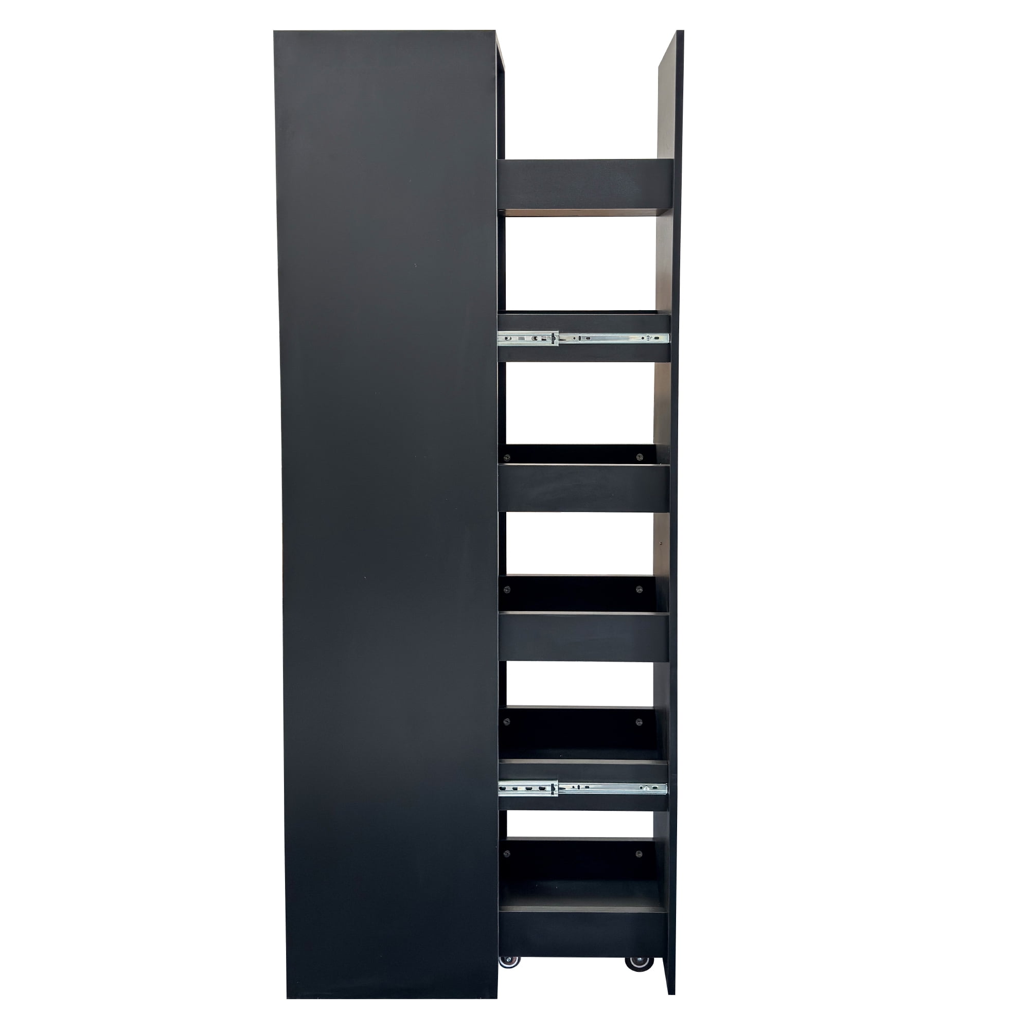 Leumius Narrow Storage Cabinet with Handle & Wheels, Wood Spice Rack Next to Fridge, Pantry Shelf for Kitchen Small Spaces Black