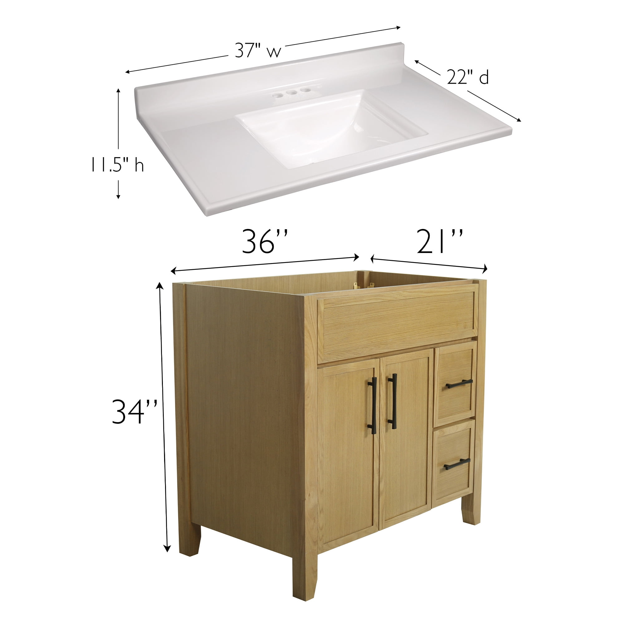 Design House Dawson 37-Inch Bathroom Vanity Combo, Ready to Assemble 2-Door 2-Drawer Cabinet with Camilla Cultured Marble Top, Riffed Oak, Matte Black Hardware, 228478-ROAK