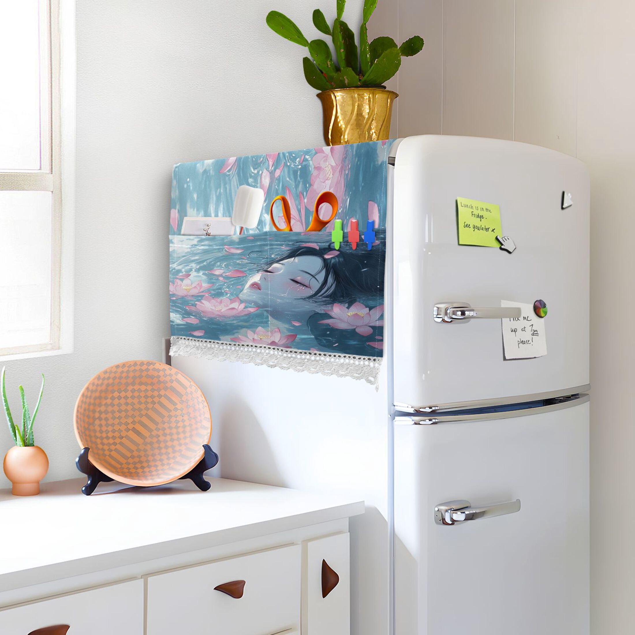 Water Brings Out The LotusWasher and Dryer Covers Dust-Proof and Oil Resistant Fridge Cover with 4 Storage Pockets Washing Machine Top Cover for Laundry Kitchen Home 51.2 x 22 In