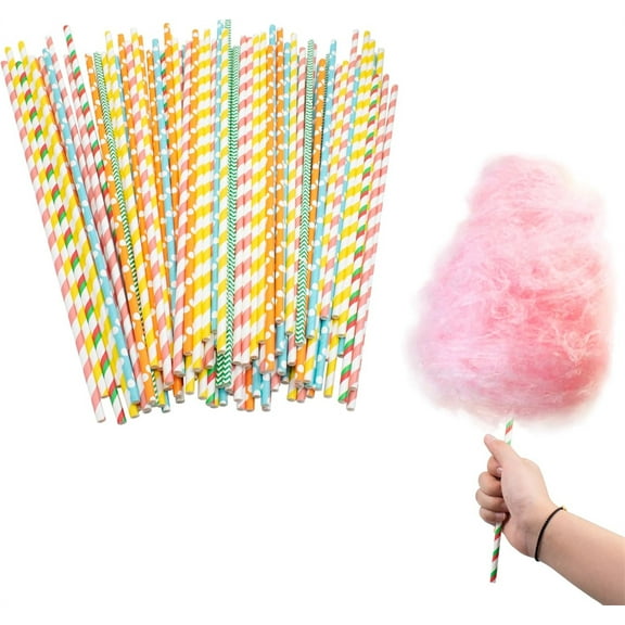 100 PCS Cotton Candy sticks, Duslogis 11.8 inch cotton candy sticks Random Colorful stripes Paper Straws Cones Cotton Candy Holder for Birthday Wedding Party, Candy Making（0.23inch Dia.）