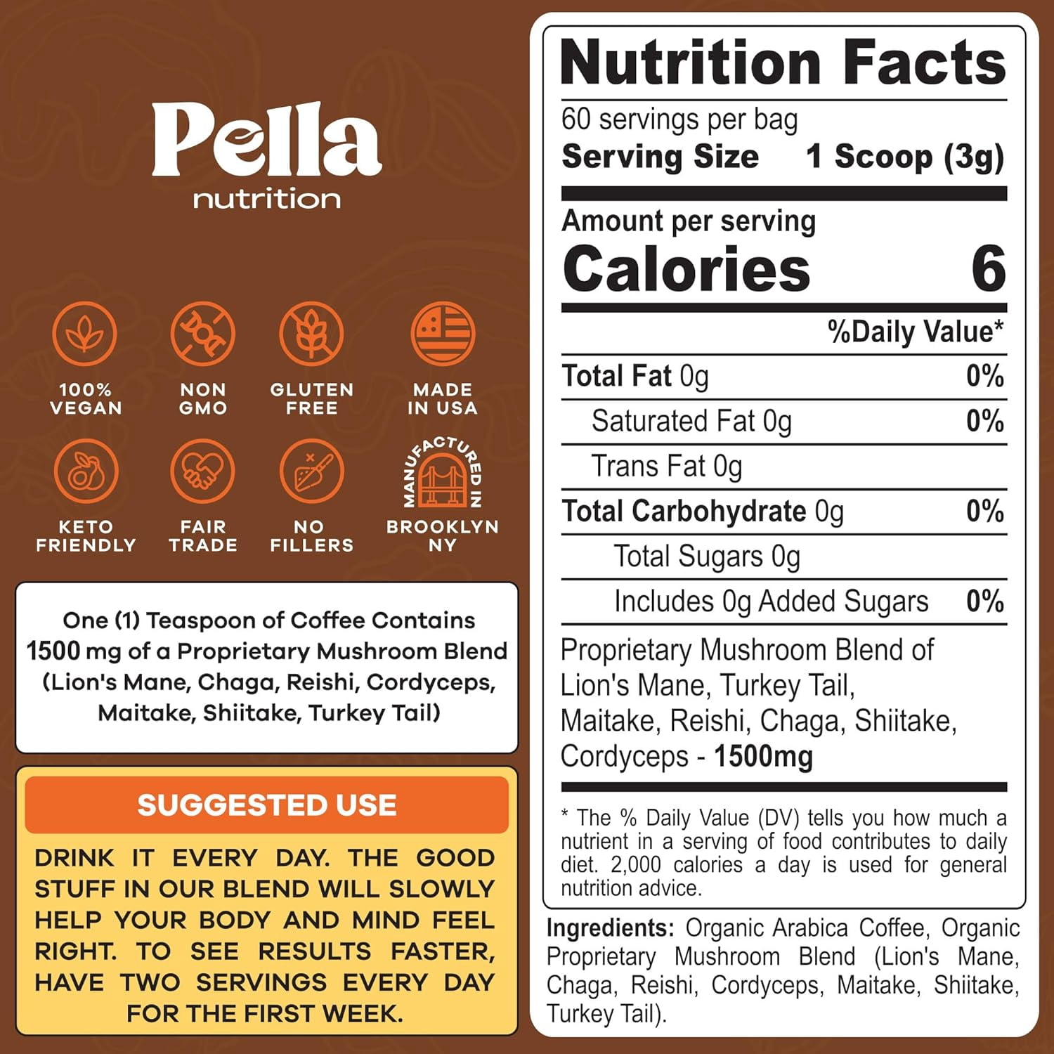 Pella Nutrition Mushroom Instant Coffee w/ Lion's Mane & More, Low Caffeine Blend, 6.3 oz (60 Cups)