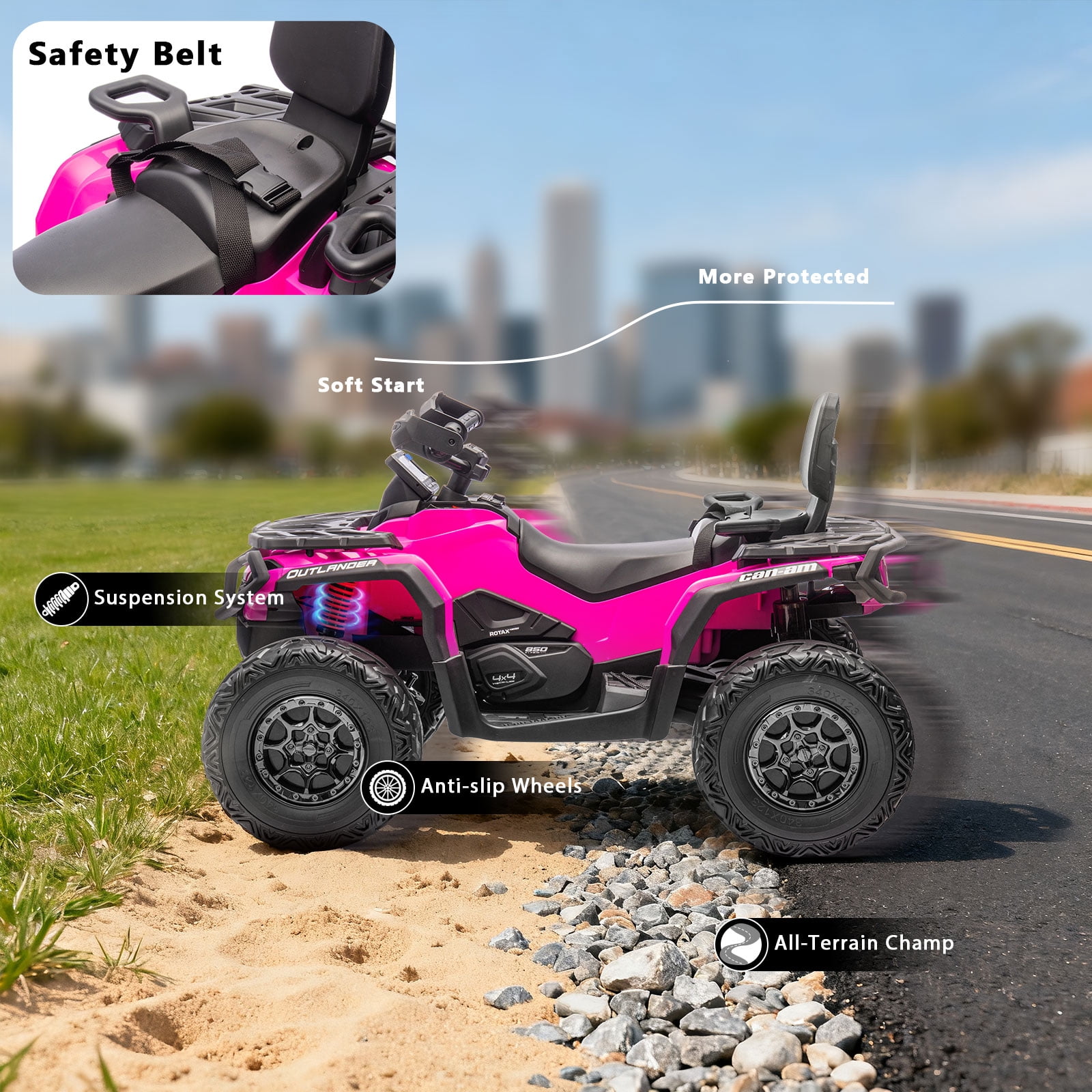 Kerry Yoo SAT5 24V Kids ATV, Licensed Can-am 4 Wheeler for Kids, Children Electric Car, 2 Seats, Parental Handle, Suspension, Safety Belt, Music-Pink