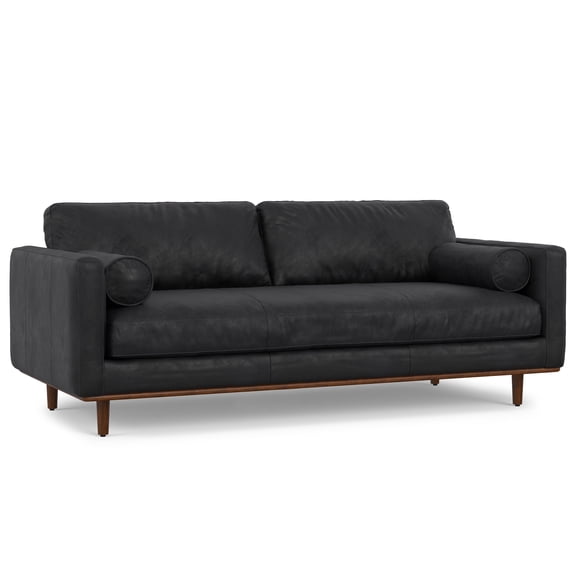 Morrison 89 inch Wide Mid-Century Modern Sofa in Lead Black Genuine Leather