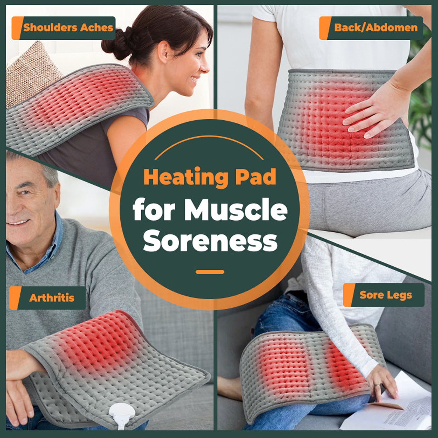 Heating Pad for Back, Electric Heating Pad for Knee, Abdomen, Electric Thermal Pad with 10 Gears Temperature Control and 3 Time Settings, Machine Washable, 12''×24'', Gray
