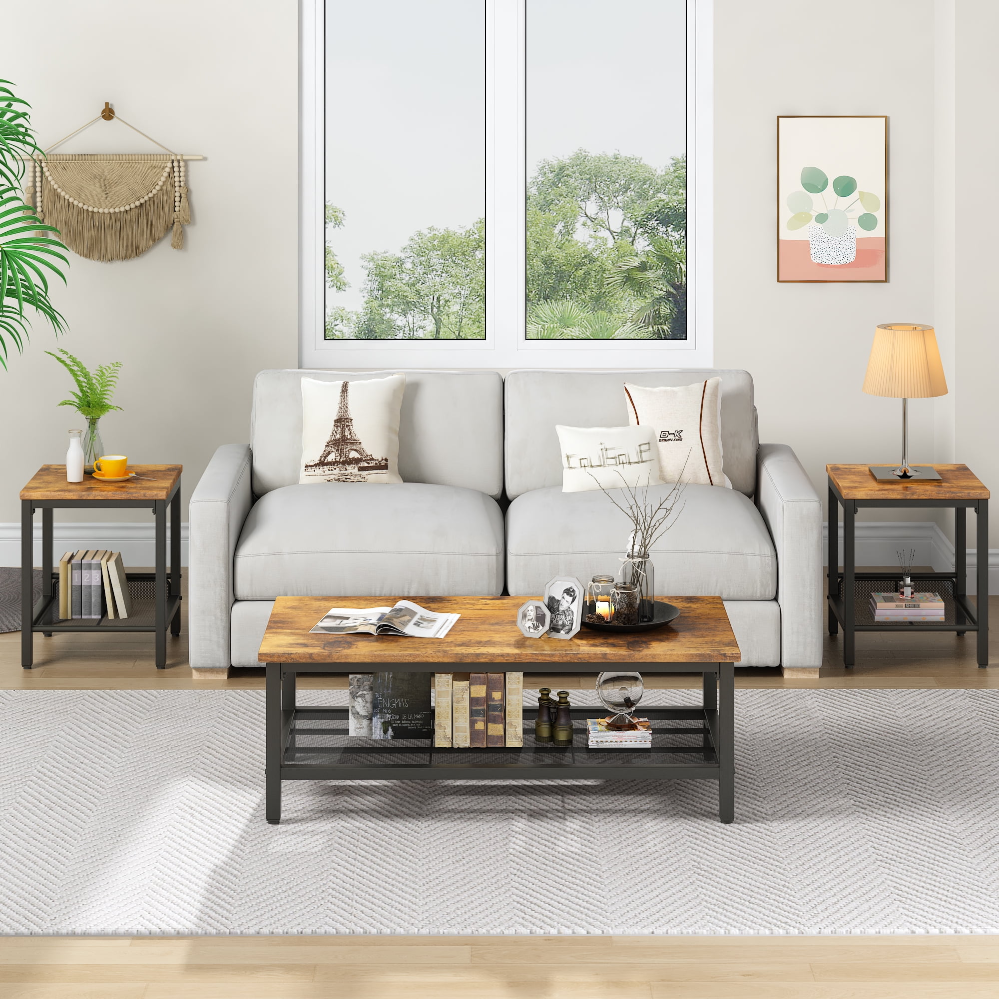 MIERES Living Room Coffee Table Set, Coffee Table and Side Table Combination, Metal Frame Coffee Table Set, Suitable for Living Rooms, Apartments, Offices, Vintage Brown