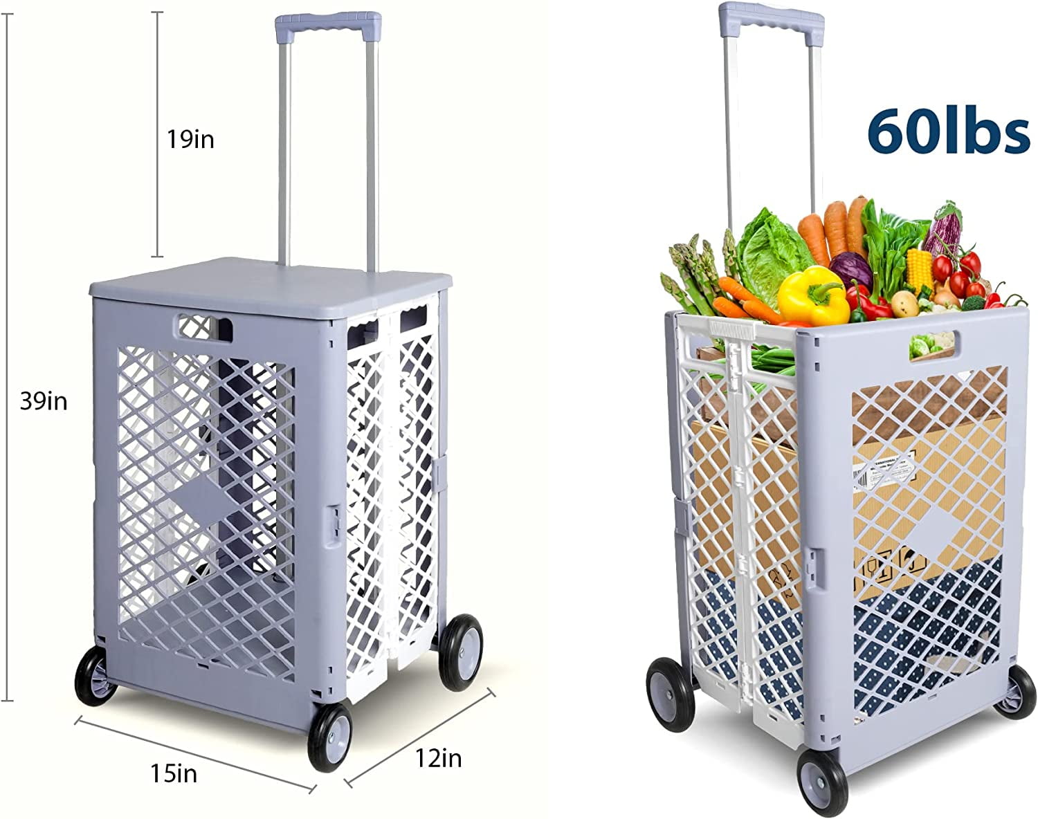 Foldable Utility Rolling Crate with Lid Wheels, Portable Shopping Cart with Durable Heavy Duty Telescopic Handle, Rolling Carts for Carrying Books, Laundry, Travel Office Use, Gray, Medium