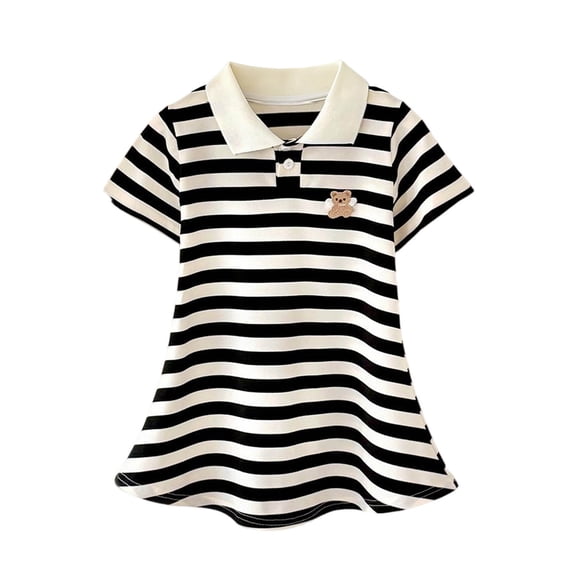 Toddler Girls Shirt Dress Lapel Button Short Sleeve Stripes Midi Dresses Cute Stylish Preppy Clothes (9-10 Years, Black)