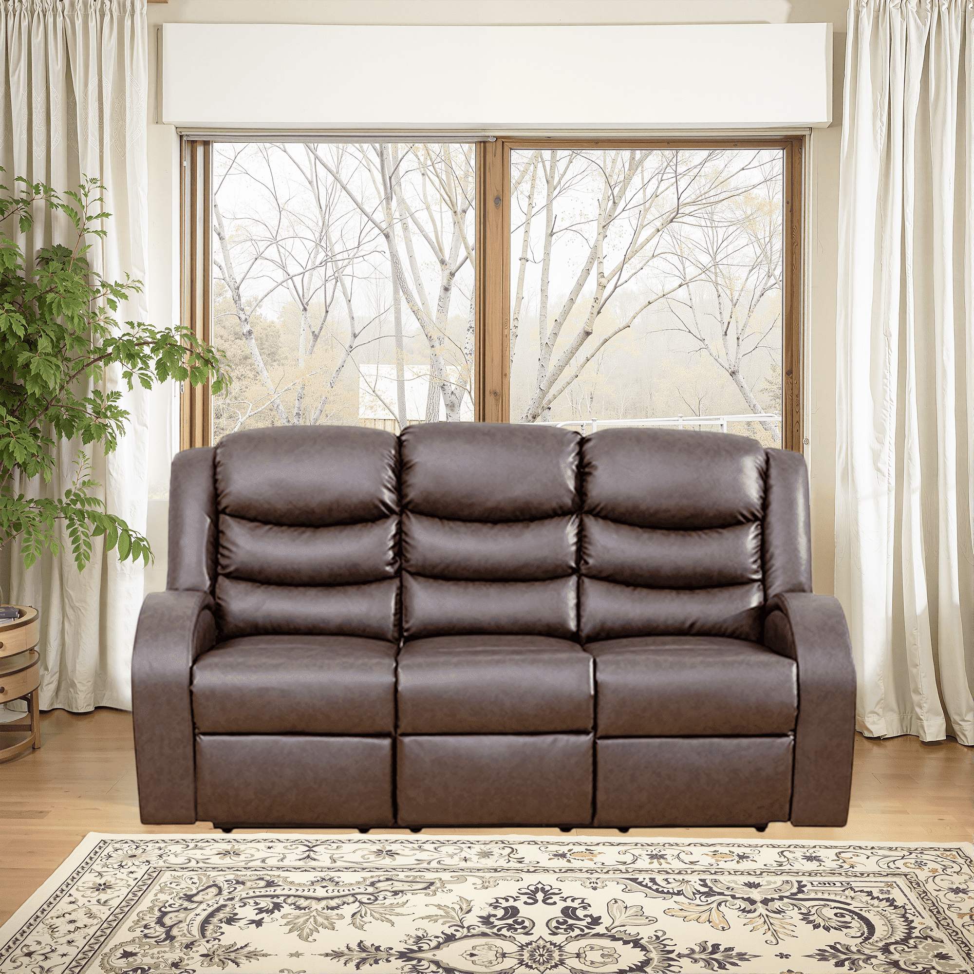 MAYEERTY Faux Leather Reclining Sofa, 3-Seat Adjustable Backrest Recliner for Living Room, Brown