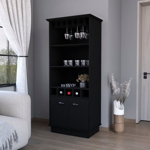 Modern Black Bar Cabinet With Glassware Rack For Organized Display Elegant And Ample Storage Facilities