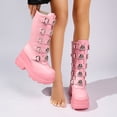 thumbnail image 5 of SACFOF Women's Pink Platform Boots Wedge Combat Gothic Chunky Heel Mid Calf Punk Motorcycle Shoes, 5 of 6