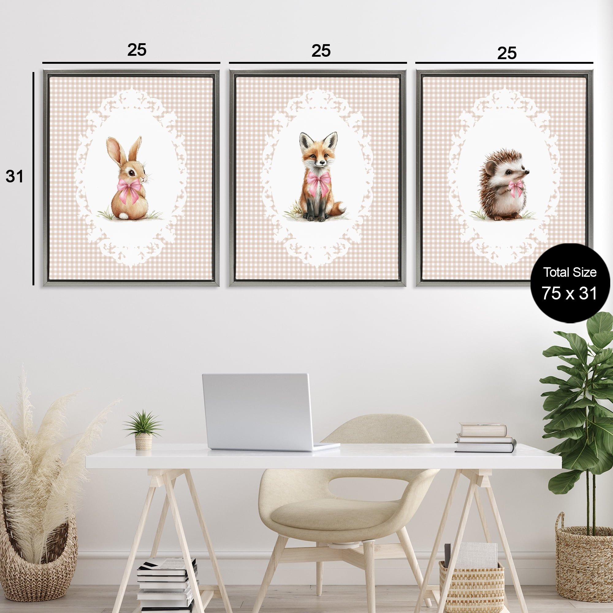 Stupell Industries Vintage Baby Bow Animals 3 Piece Gray Framed Floater Canvas Set, design by Christine Simpson Art