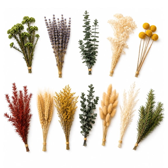 12 Kinds Natural Dried Flowers Set, Real Dried Flowers with Stems Including Golden Wheat, Lavender, Bunny Tails & More for Crafts, DIY Bouquets, Vase Decor, Wedding & Home Decor