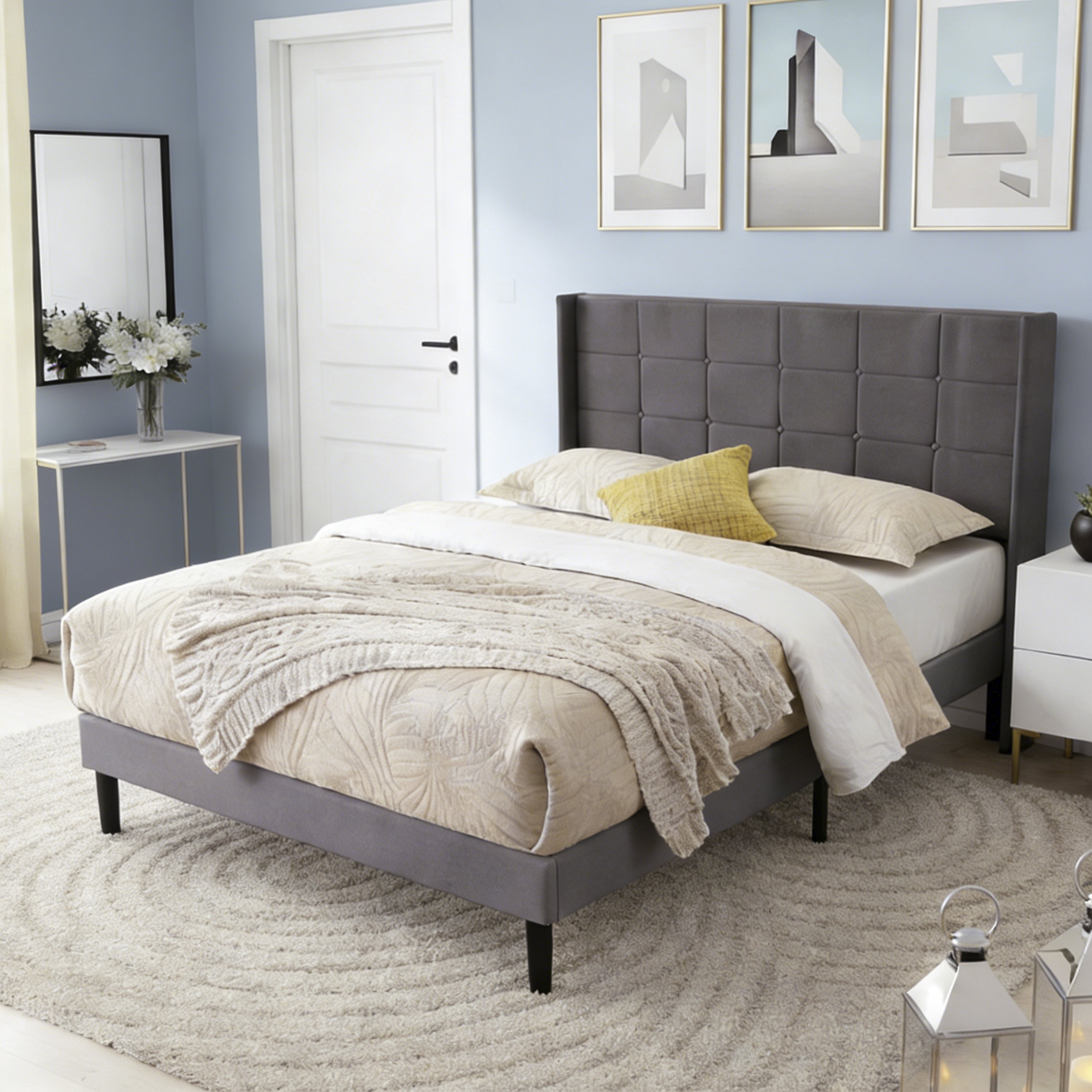 BSHTI Simple Modern Design FULL Size Platform Bed Frame with Upholstered Headboard and Wood Slats Support for Bedroom