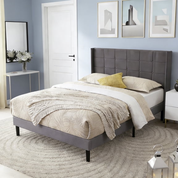 XIZE Full Size Platform Bed Frame with Upholstered Tufted Headboard and Solid Wood Slat Support, Dark Gray