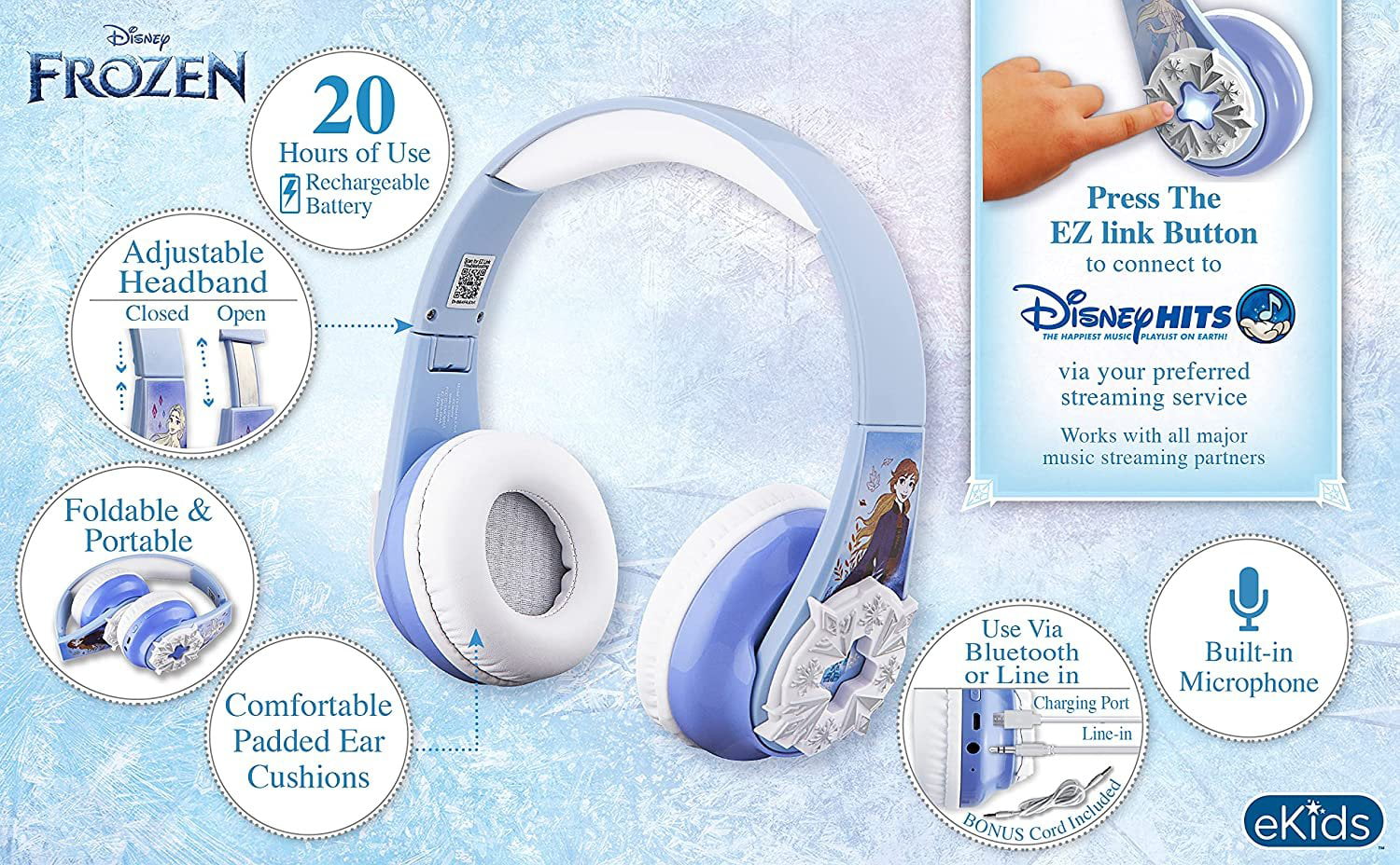 eKids Disney Frozen Bluetooth Headphones with EZ Link, Wireless Headphones  with Microphone and Aux Cord, Kids Headphones for School, Home, or Travel 