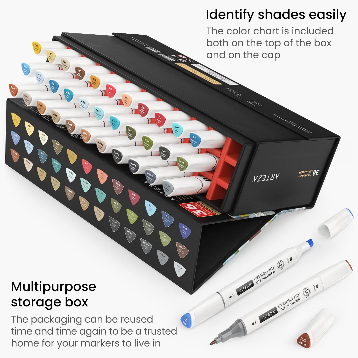 Arteza Professional Everblend Dual Tip Ultra Artist Brush Sketch Markers, America Tones, Alcohol-Based, Replaceable Tips - 36 Pack