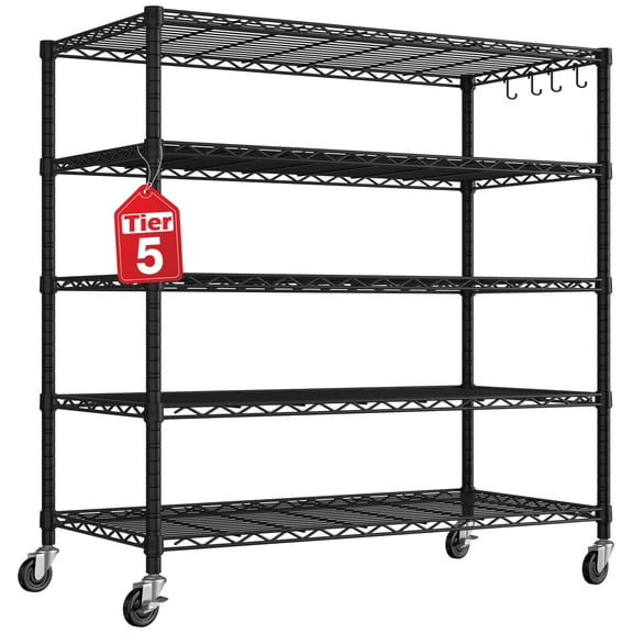 TrumanPick 5-Tier Storage Shelves, 48"W x 24"D x 76"H Metal Shelf Adjustable Height Wire Shelving with Wheels, Heavy Duty Garage Shelving Storage, Utility Wire Rack Storage Shelving Unit, Black
